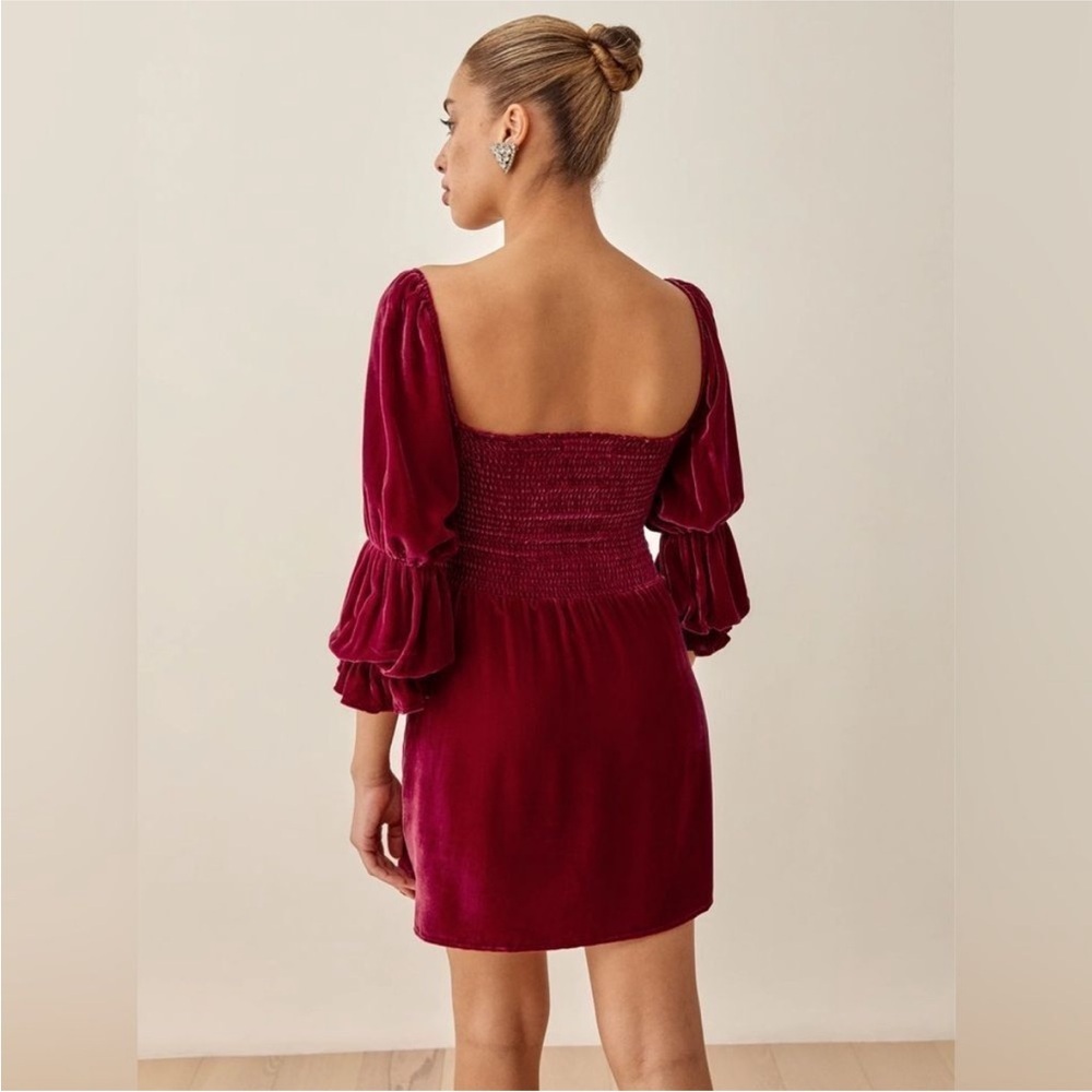 Reformation Albi Crimson Red Velvet Smocked Long Sleeve Mini Dress Sz Small Silk - Picture 4 of 8
